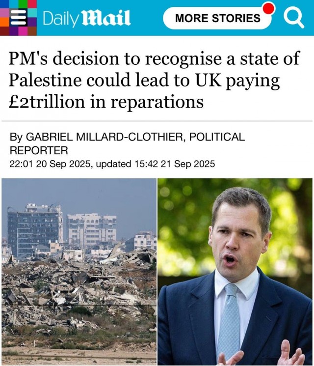 Признание Великобританией пластелинского государства может стать причиной законного требования репараций от Великобритании.