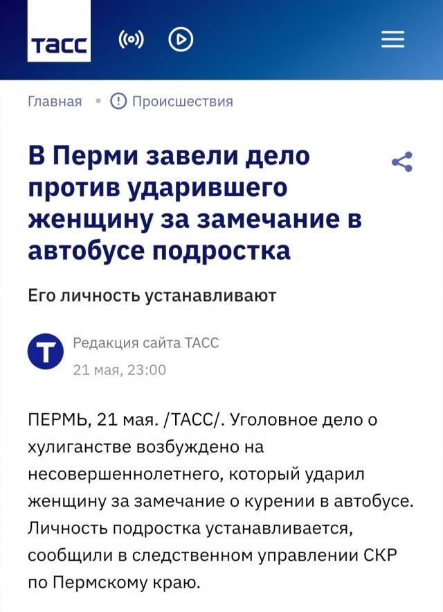 В пермском автобусе подросток курил и за замечание сильно пнул женщину в живот — она осела на пол, другие побоялись связываться.