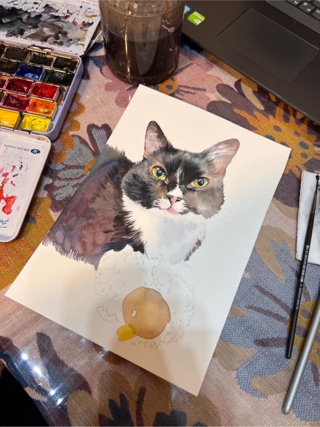 Кошка Ёшка, памятный портрет акварелью.