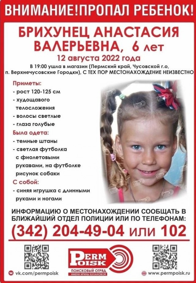 Тело шестилетней девочки, которая пропала два дня назад, нашли в Пермском крае