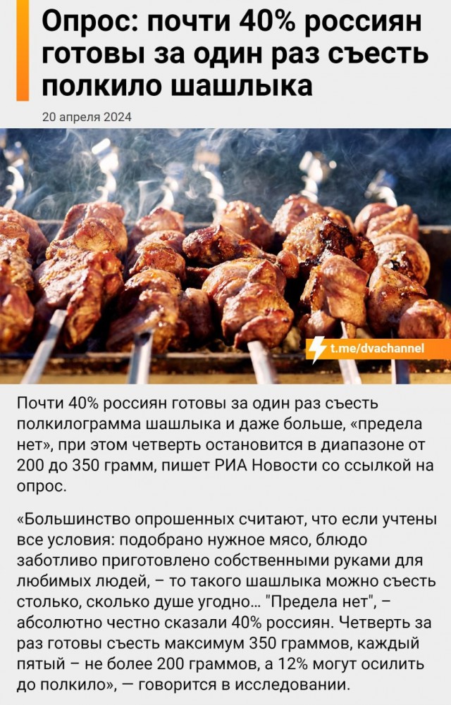 Опрос: почти 40% россиян готовы за один раз съесть полкило шашлыка