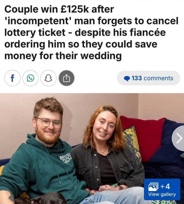 Пара выиграла в лотерею ₽13 млн (£125 тыс.), потому что парень забыл отменить на неё подписку