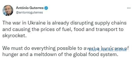 Генсек ООН прогнозирует массовый голод и крах продовольственной системы мира из-за войны на Украине