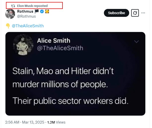 "Сталин, Мао и Гитлер не убивали миллионы. Это сделали их работники гос сектора." Твитом с таким содержанием поделился Элон Маск