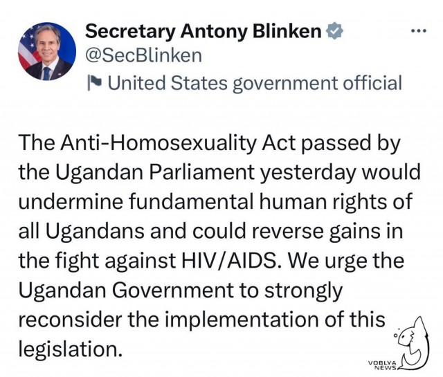 Госсекретарь США Блинкен призвал правительство Уганды отменить закон против гомосексуализма, потому что он «помешает бороться со СПИДОМ»