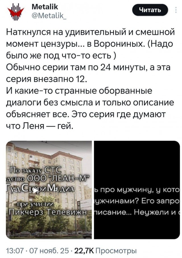 ЛГБТ*-пропаганду нашли в сериале «Воронины»