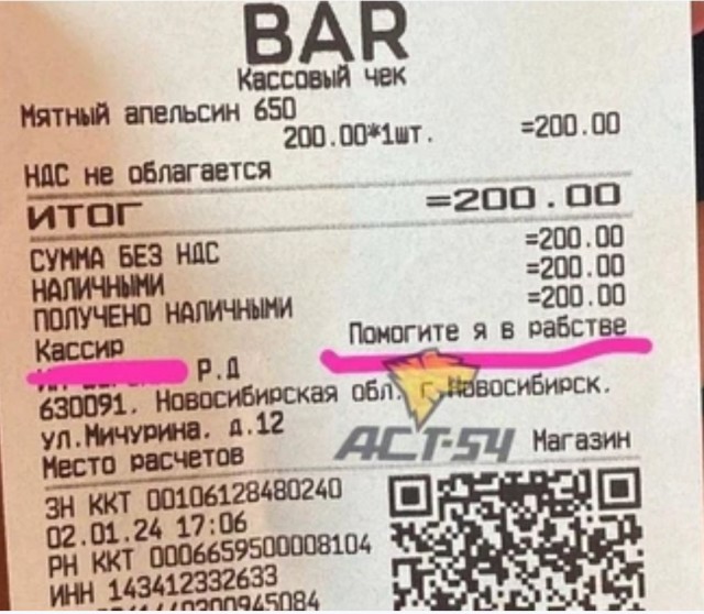 «Помогите, я в рабстве»: жительница Новосибирска получила кассовый чек с просьбой о помощи