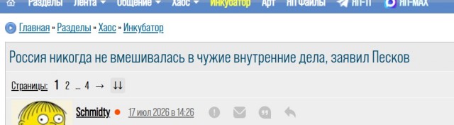 Россия никогда не вмешивалась в чужие внутренние дела, заявил Песков