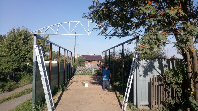 Откатные ворота, навес-гараж
