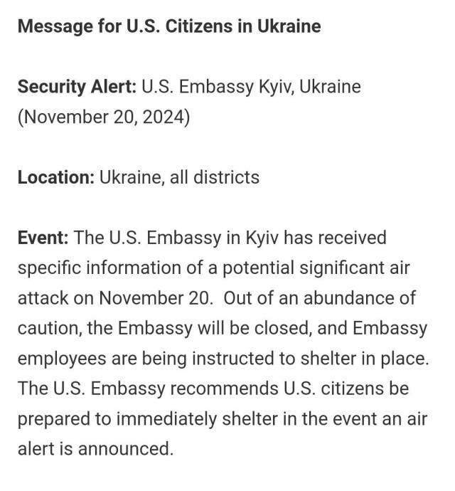 Посольство Соединённых Штатов заявило о наличии риска "масштабной воздушной атаки" на Украину сегодня, 20 ноября