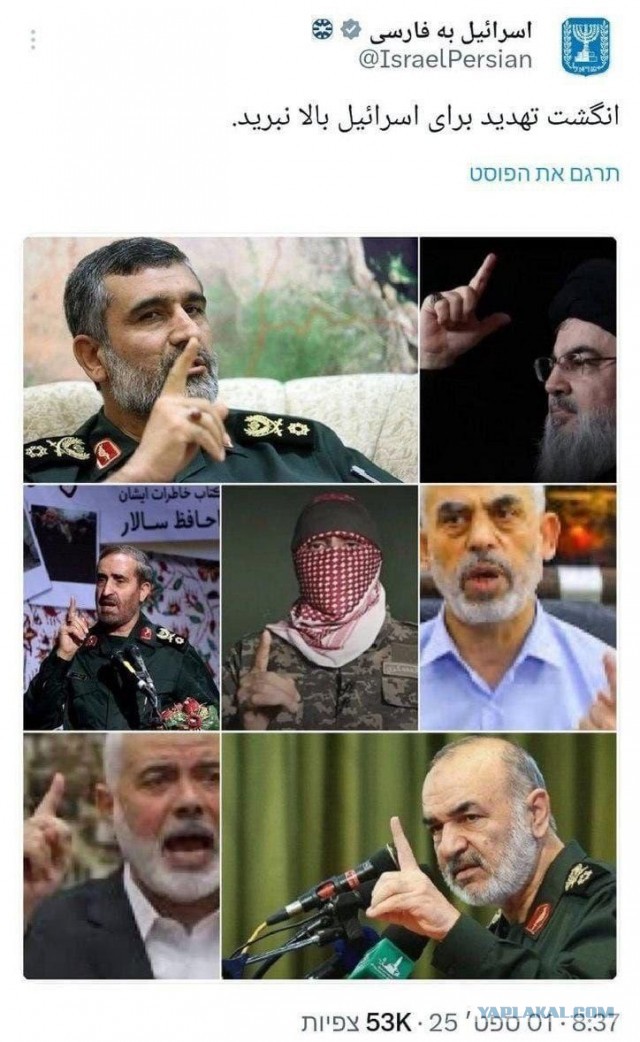 МИД Израиля опубликовал коллаж из убитых ими мусульман и написал на персидском, что не стоит угрожать Израилю пальцем. Ничего не