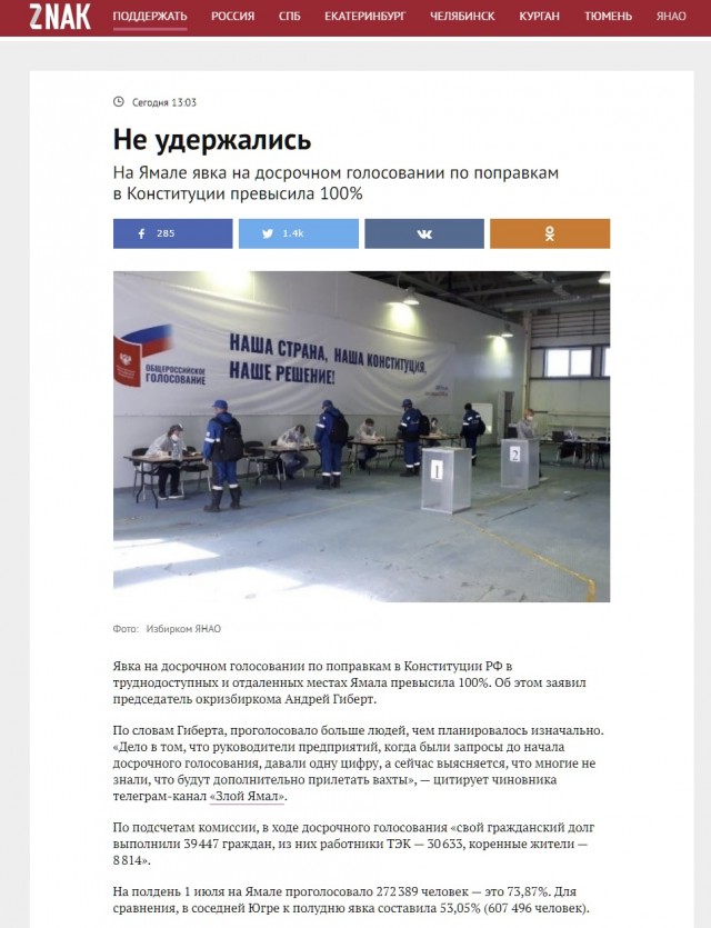 Явка на голосовании о поправках в Конституции на Ямале превысила 100%