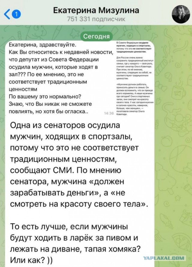 В Совете Федерации осудили мужчин, ходящих в спортзалы, потому что это не соответствует традиционным ценностям.