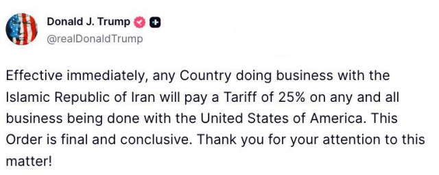 Трамп ввел пошлины против сотрудничающих с Ираном стран