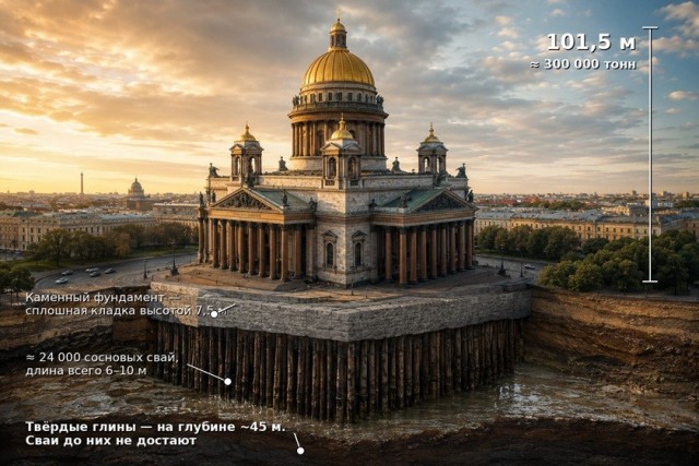 Исаакиевский собор весит 300 тысяч тонн и стоит на болоте. Что же держит его почти два века