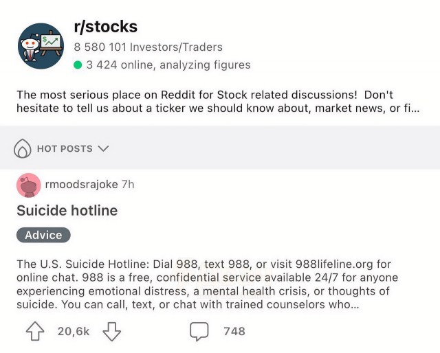Самый популярный пост на сабреддите инвесторов прямо сейчас — список контактов горячей линии по предотвращению самоубийств в США
