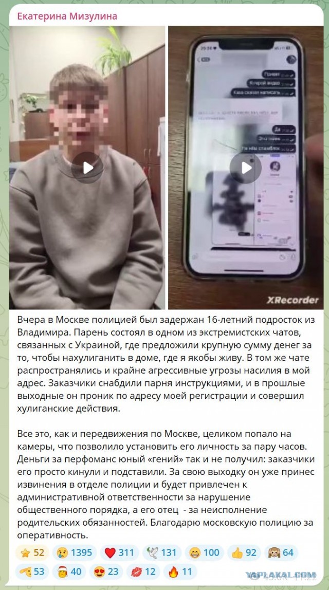 В Москве задержали 16-летнего зумера, который за вознаграждение нагадил под дверь Екатерины Мизулиной