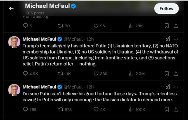 Посол США в России в 2012-2014 годах Майкл Макфол написал на платформе Х: