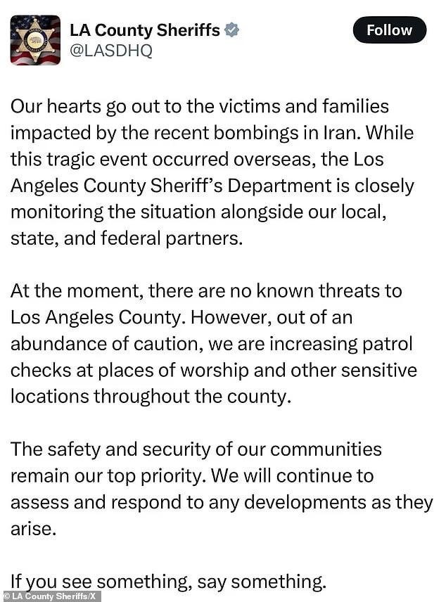 Полиция Лос-Анджелеса опубликовала, а затем удалила из соцсетей пост с соболезнованиями Ирану — Fox News