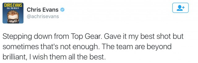 Ведущий Крис Эванс объявил о своём уходе из перезапущенного телешоу Top Gear