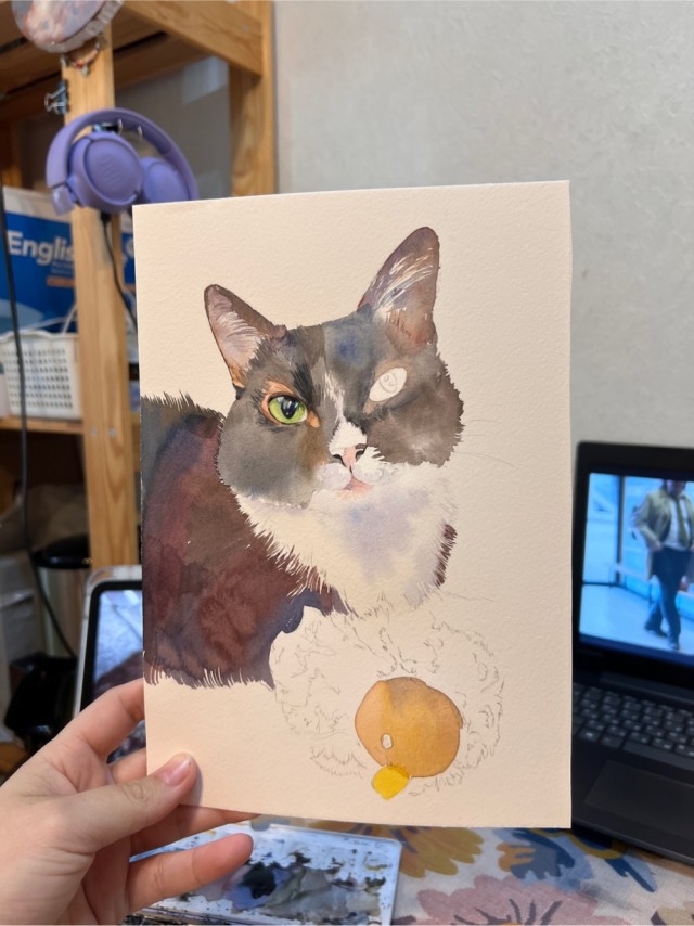 Кошка Ёшка, памятный портрет акварелью.