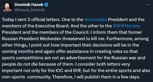 Гашек: я сообщил МОК и ИИХФ, что бывший президент России Медведев угрожал убить меня