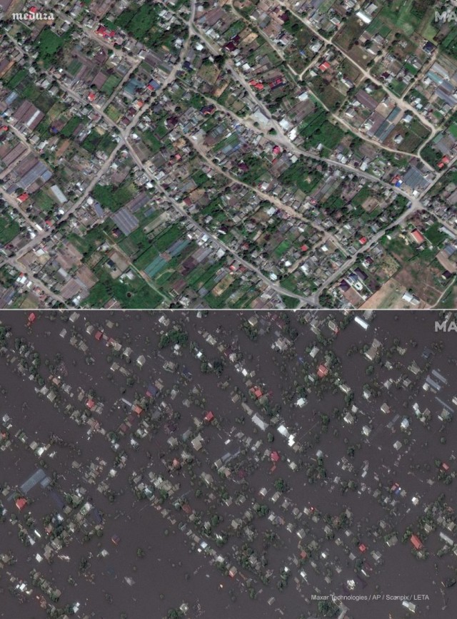Спутниковые фотографии последствий затопления населенных пунктов в Херсонской области