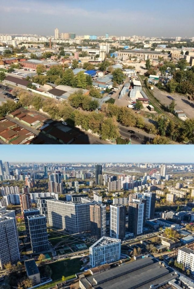 Заброшенная промзона в Москве (проект «Октябрьское поле») до и после -  в 2011 и 2026 году
