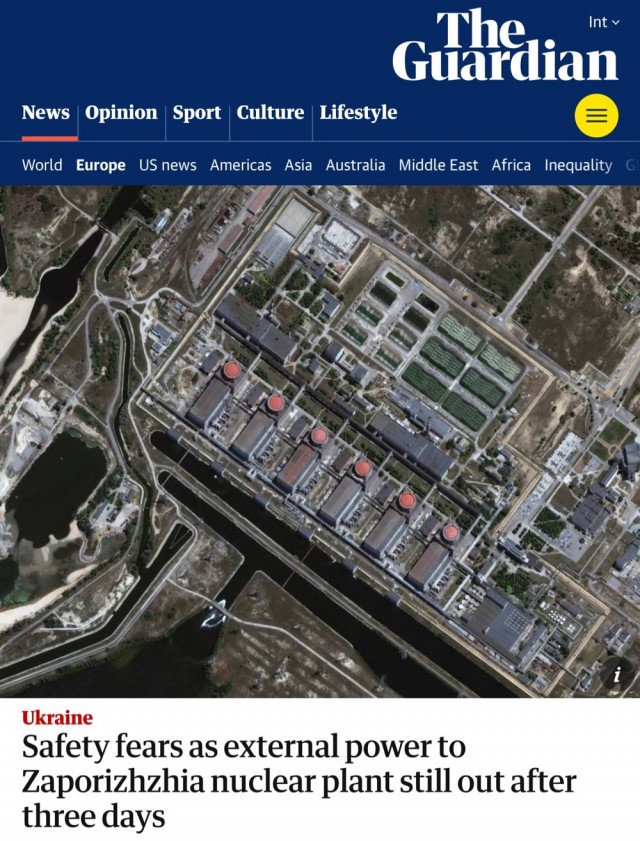 На Запорожской АЭС возможен сценарий Фукусимы, — The Guardian, со ссылкой на экспертов МАГАТЭ.