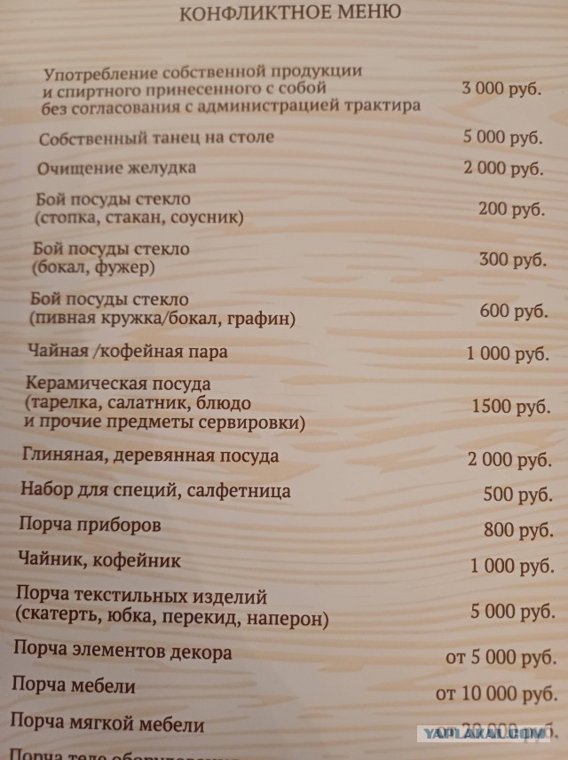 Меню в баре "Молодость"