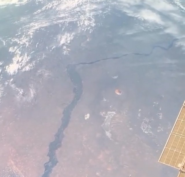 Волга, впадающая в Каспийское море, с борта МКС