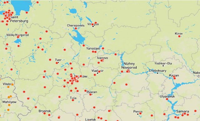 Карта целей 5000 американских ядерных ракет. Метками обозначена почти вся Россия