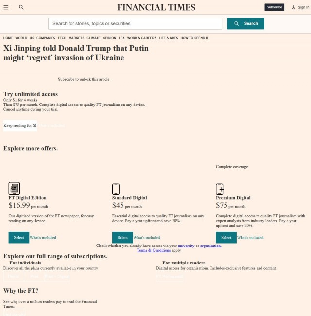 FT: Си Цзиньпин сказал Трампу, что Путин «может пожалеть» о решении начать СВО