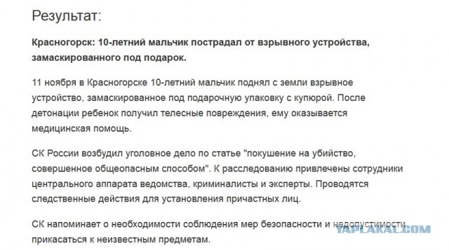 Официальное заявление СК РФ по поводу трагедии в Красногорске, где произошел взрыв и пострадал ребенок