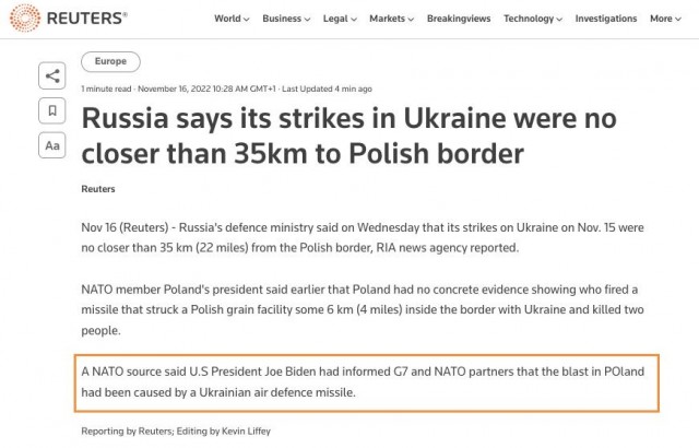 Байден проинформировал НАТО и G7, что взрыв в Польше был вызван украинской ракетой ПВО