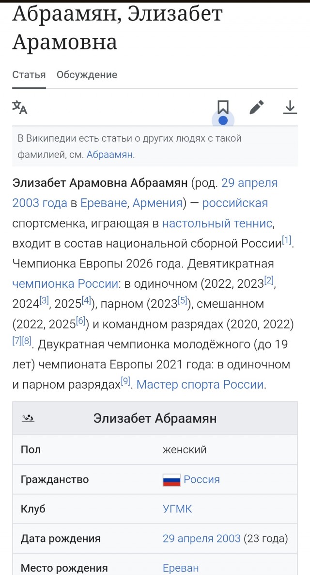 Россиянка Элизабет Абраамян одержала победу на чемпионате Европы по настольному теннису