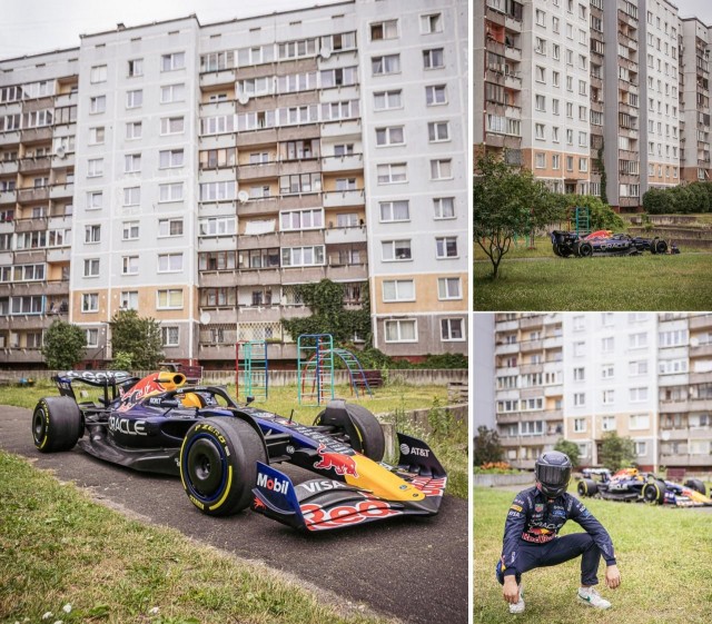 Официальный аккаунт Red Bull в Латвии устроил фотосессию болида Формулы-1 среди обычных панелек