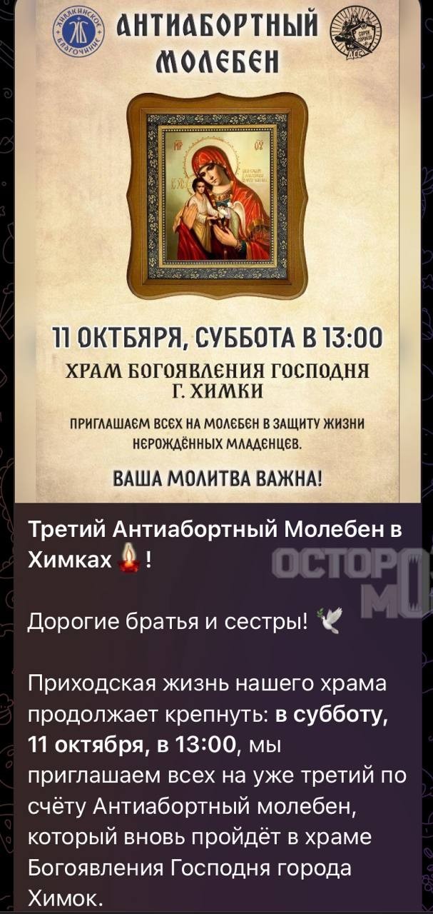 Антиабортный молебен собираются провести в Химках в подмосковный День многодетной семьи.