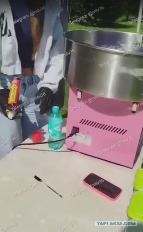 Обрабатывают дихлофосом апппарат для сахарной ваты  в Центральном парке Воронежа