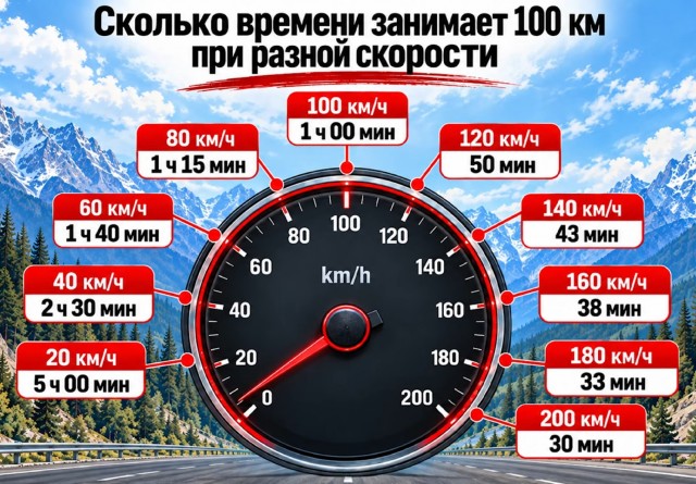 Сколько времени занимает 100Км при разной скорости