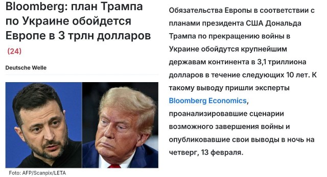 Bloomberg: план Трампа по Украине обойдется Европе в $3 трлн