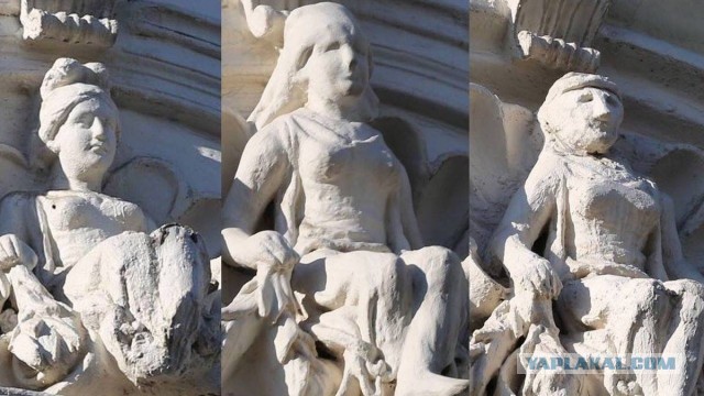 Обиженные рабочие-мигранты сбили новую штукатурку с фасада дома Корфа в Санкт-Петербурге