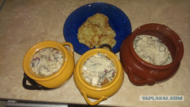 Драники в горшочках с мясом и грибами.