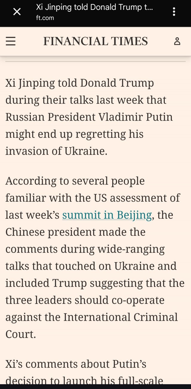 FT: Си Цзиньпин сказал Трампу, что Путин «может пожалеть» о решении начать СВО