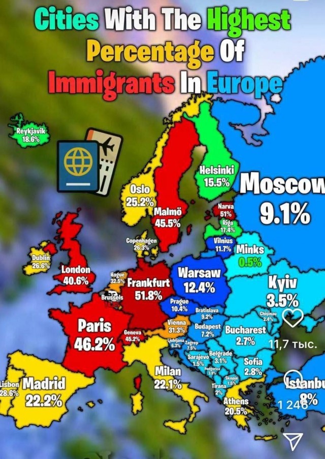 Города Европы с наибольшей долей мигрантов по состоянию на 2025 год. Наименьшее число — в странах Восточной Европы.