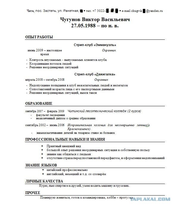 Резюме от Охранника!