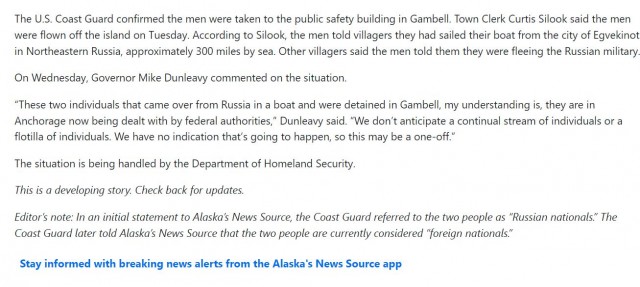 Двое мужчин приплыли на Аляску из России на лодке и заявили, что бегут от российских военных. Сейчас они задержаны.