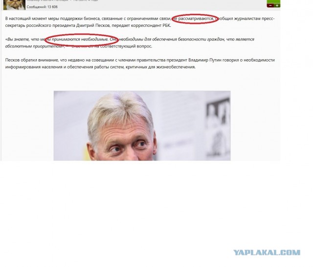 Кремль ответил на вопрос о поддержке бизнеса из-за ограничений связи