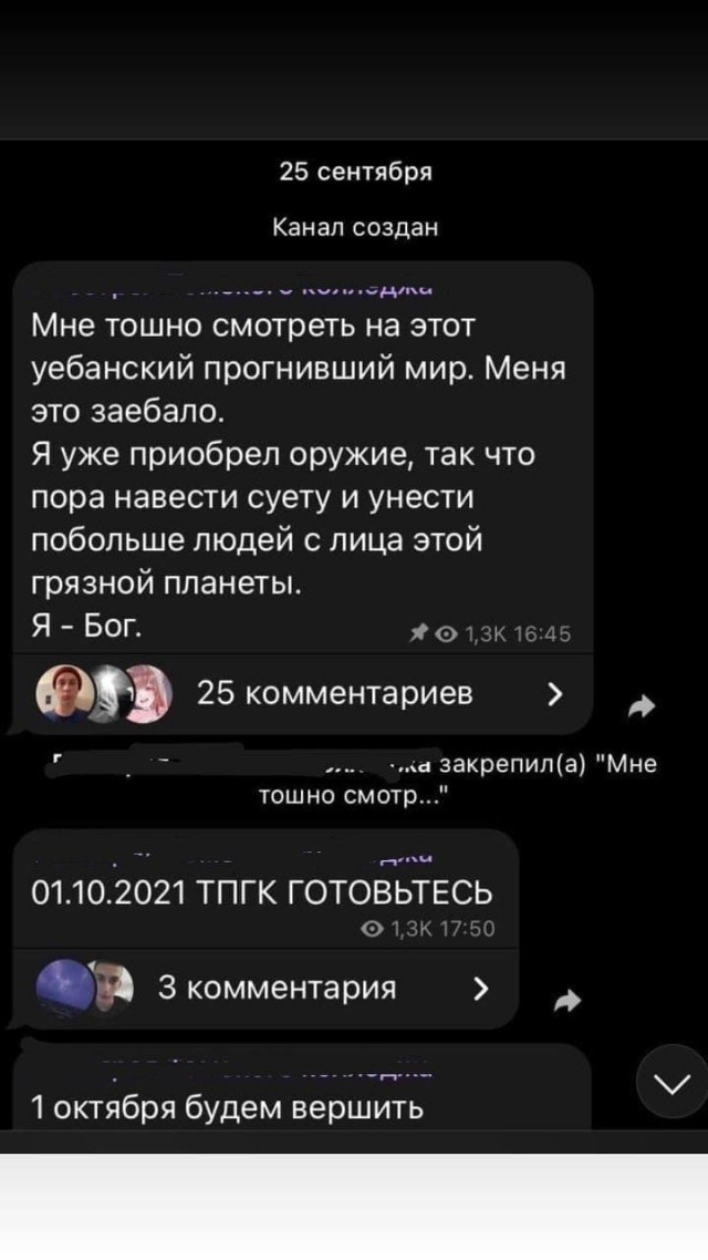 Неизвестный пользователь завёл канал в Telegram, в котором обещает устроить стрельбу в одном из учебных заведений Томска