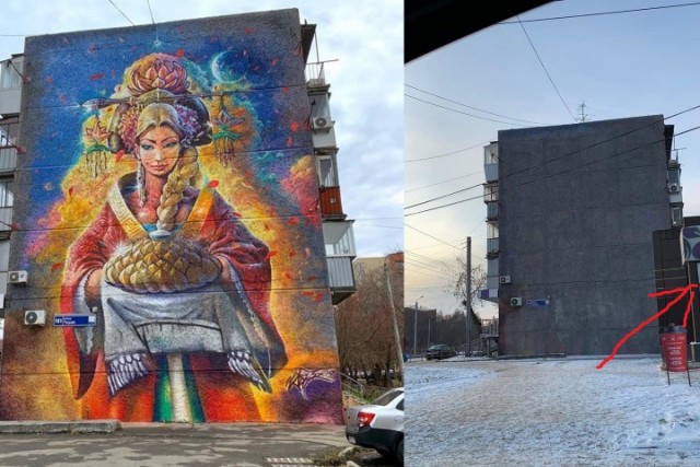 В Челябинске закрасили серой краской граффити с девушкой, встречающей гостей